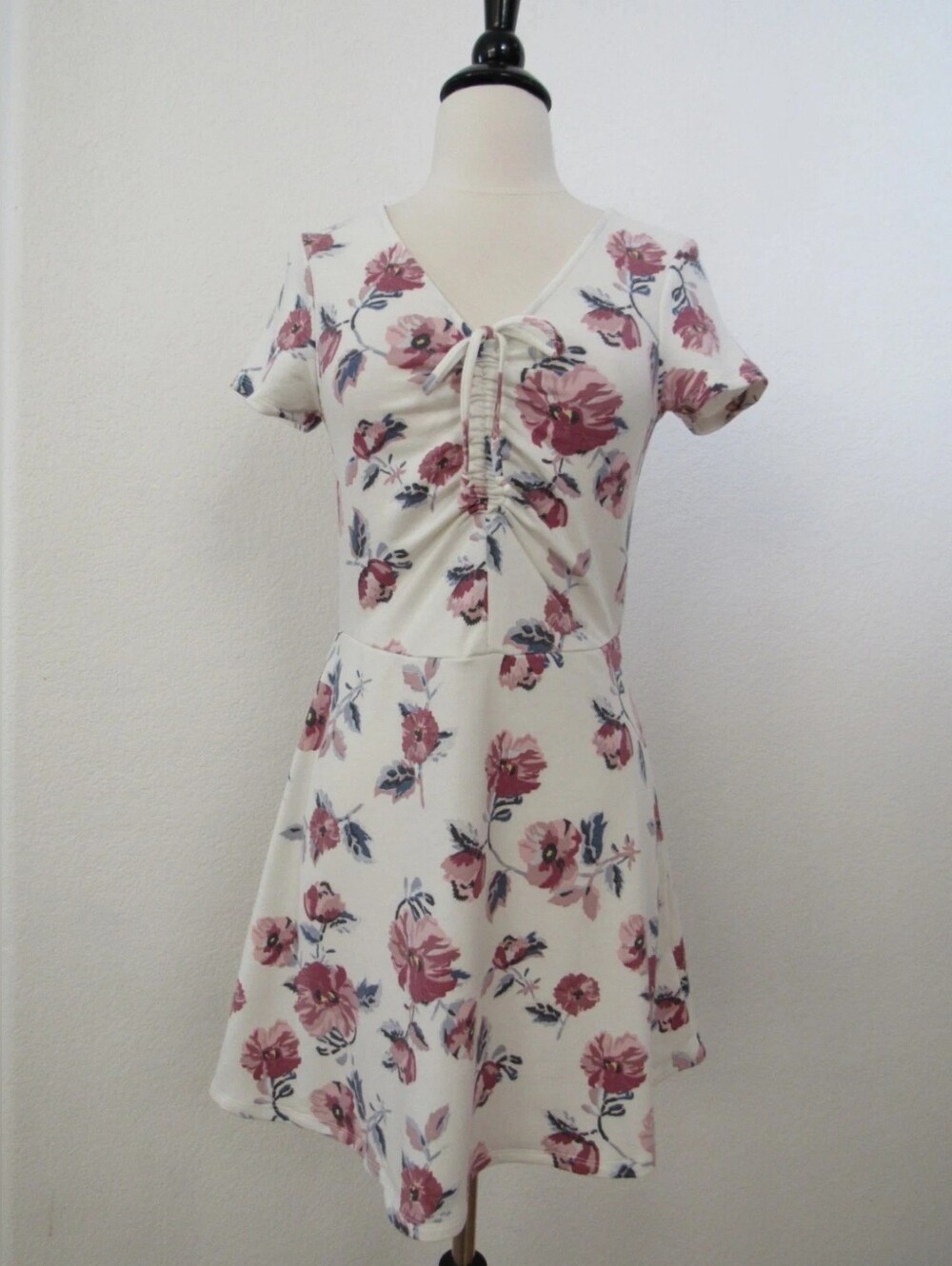 Floral Tie-Front A-Line Dress in Cream and Dusty Rose